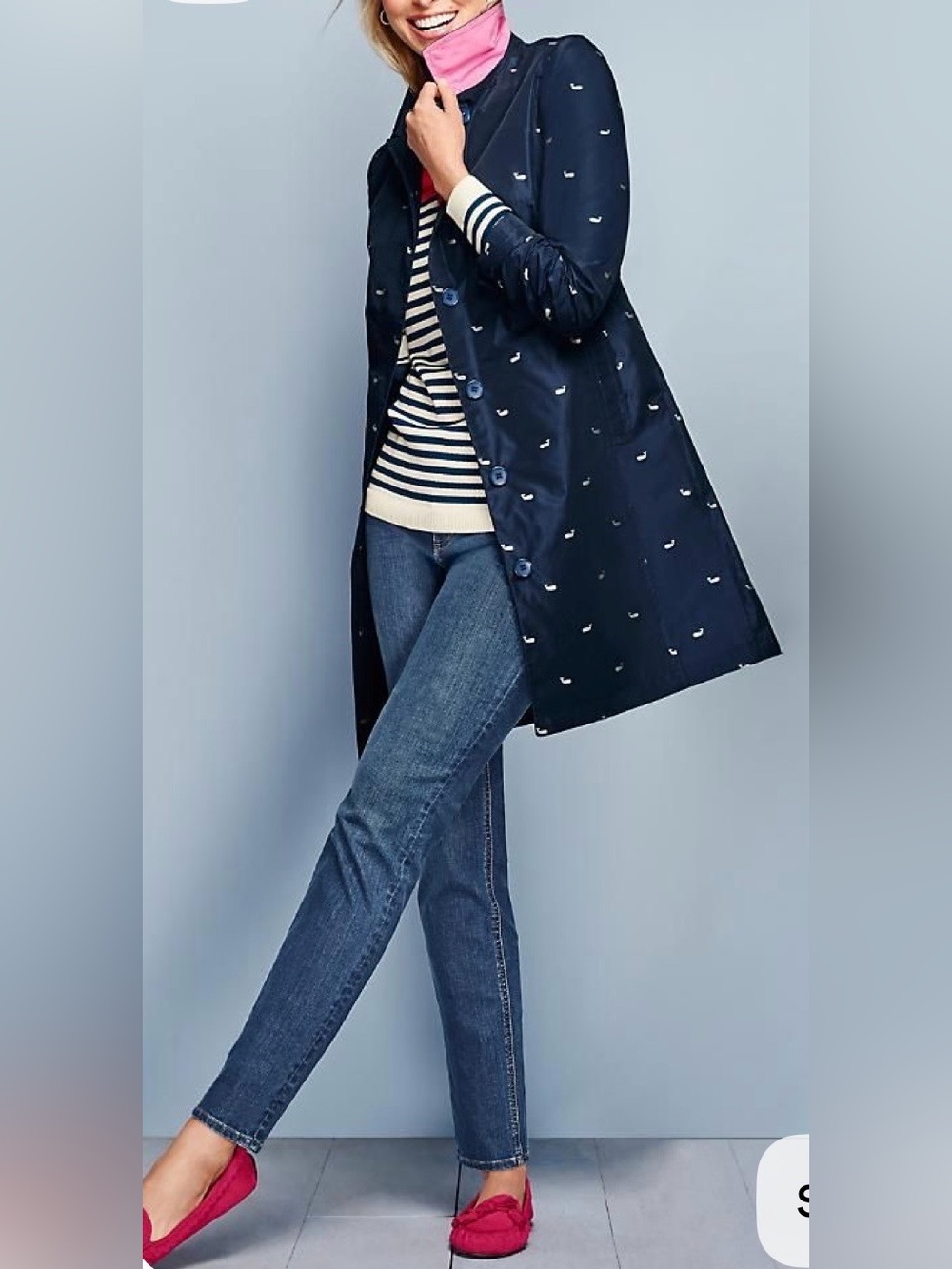Talbots Navy Blue Whale Print Raincoat Trench Coat Jacket - Size Large Petite PL